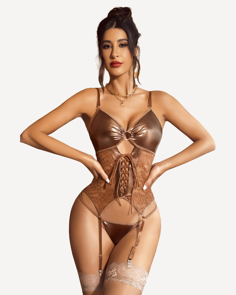 Iridescent Violet Satin Teddy with Strappy Lace-up Detail-Corset-Bellascena-Brown-S-bellascena