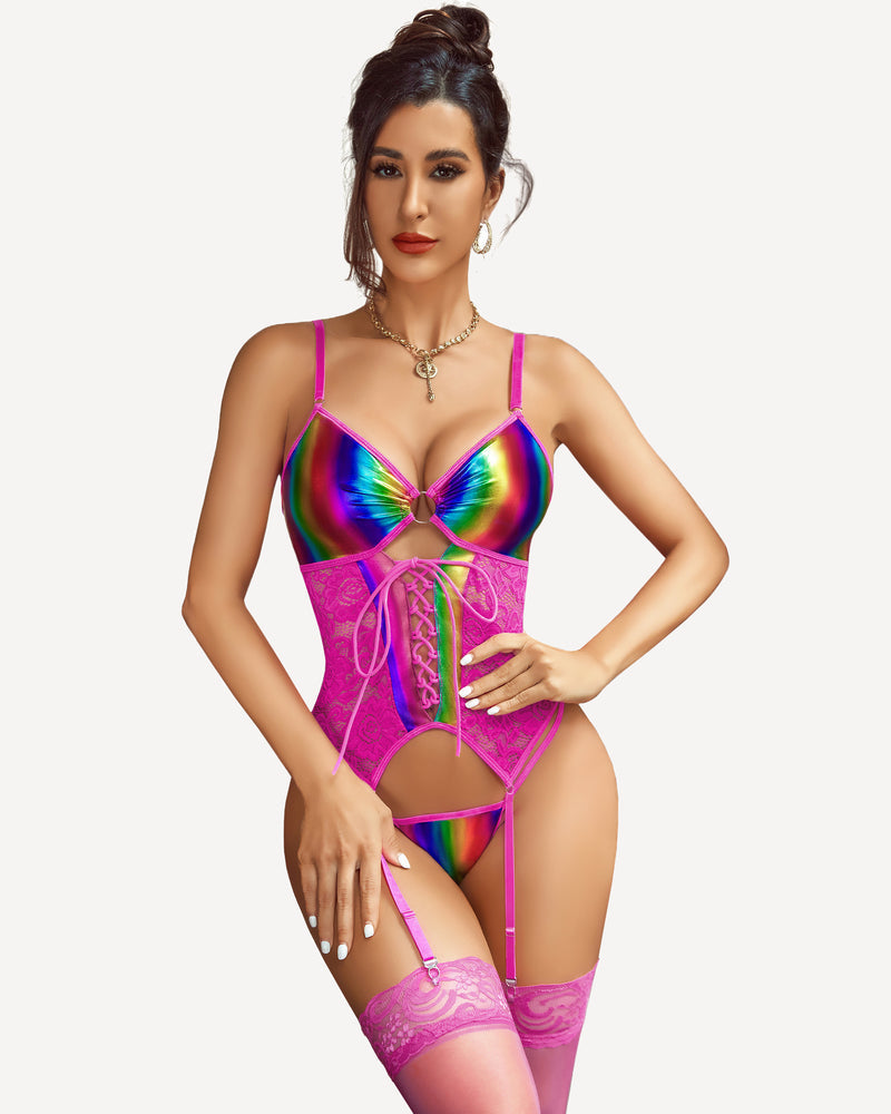 Iridescent Violet Satin Teddy with Strappy Lace-up Detail-Corset-Bellascena-Multicolor02-S-bellascena