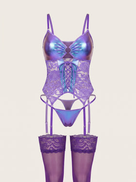 Iridescent Violet Satin Teddy with Strappy Lace-up Detail-Corset-Bellascena-bellascena