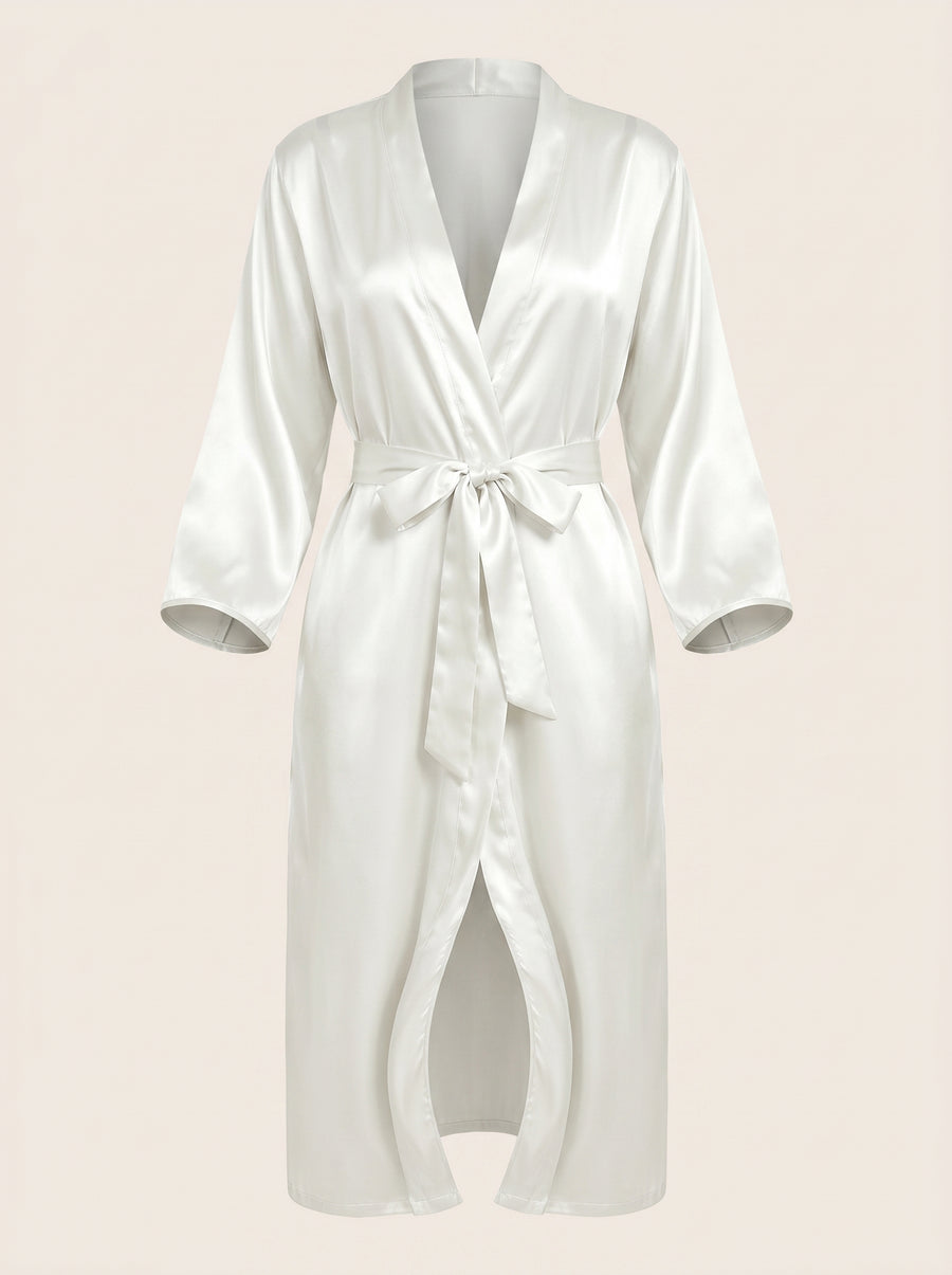 Ivory Satin Kimono Robe with Tie Closure-Kimono Robe-Bellascena-bellascena
