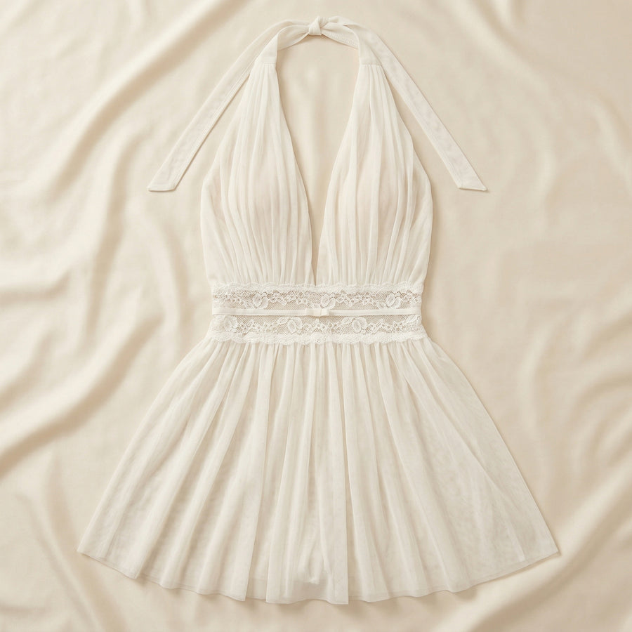 Ivory Sheer Mesh Nightgown with Lace Band-Nightgown-Bellascena-bellascena