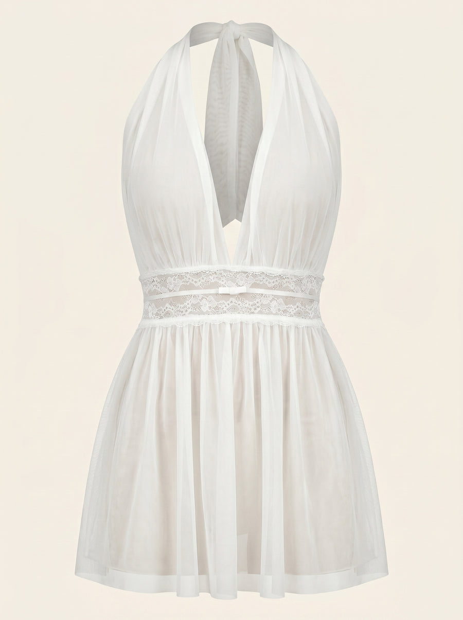 Ivory Sheer Mesh Nightgown with Lace Band-Nightgown-Bellascena-bellascena