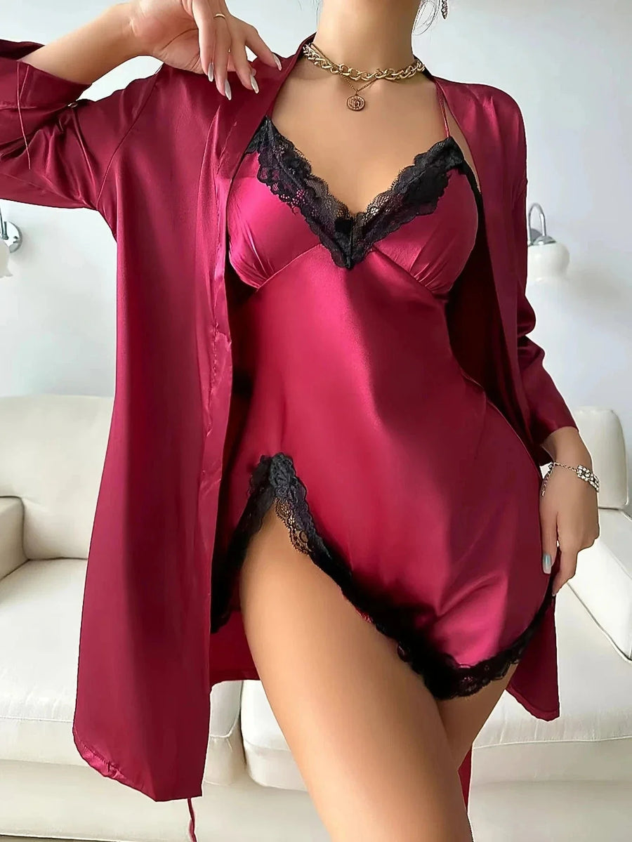 Lace-Trimmed Deep Red Satin Kimono Robe with Tie Belt-Kimono Robe-Bellascena-bellascena