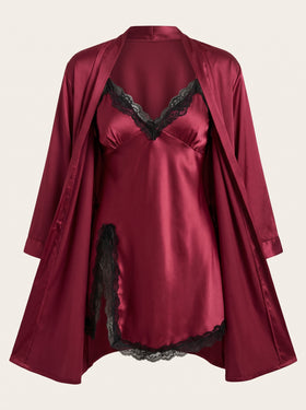 Lace-Trimmed Deep Red Satin Kimono Robe with Tie Belt-Kimono Robe-Bellascena-Red-S-bellascena