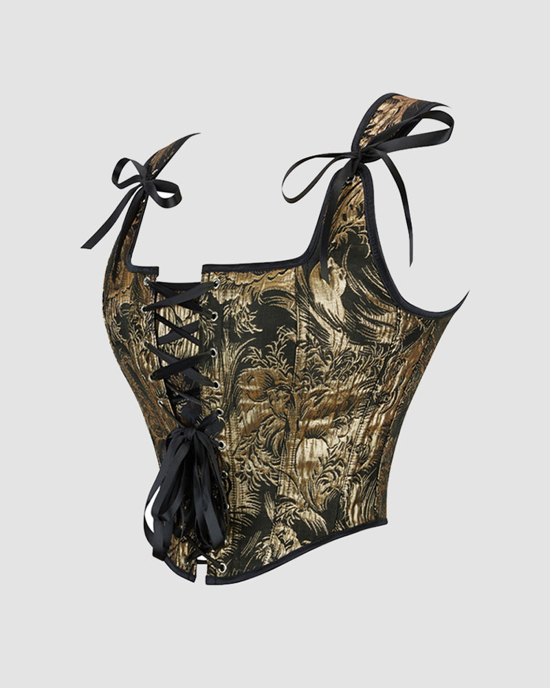 Lace-Up Gold and Black Floral Satin Corset with Bow Detail-Corset-Bellascena-bellascena