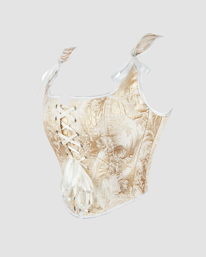 Lace-Up Gold and Black Floral Satin Corset with Bow Detail-Corset-Bellascena-bellascena