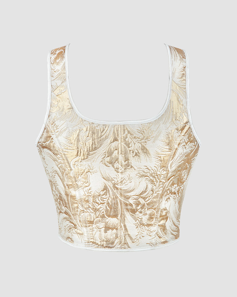 Lace-Up Gold and Black Floral Satin Corset with Bow Detail-Corset-Bellascena-bellascena