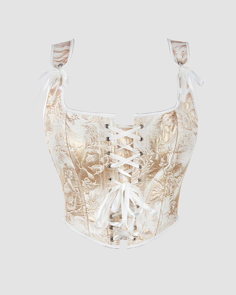 Lace-Up Gold and Black Floral Satin Corset with Bow Detail-Corset-Bellascena-Gold-XS-bellascena