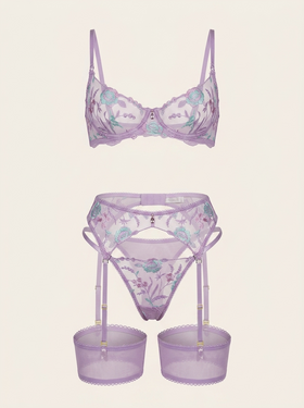 Lavender Floral Embroidered Mesh Lingerie Set with Strappy Details-Lingerie Set-Bellascena-bellascena