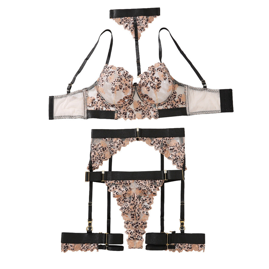 Leopard Print Embellished Lace Lingerie Set with Choker Detail-Lingerie Set-Bellascena-bellascena