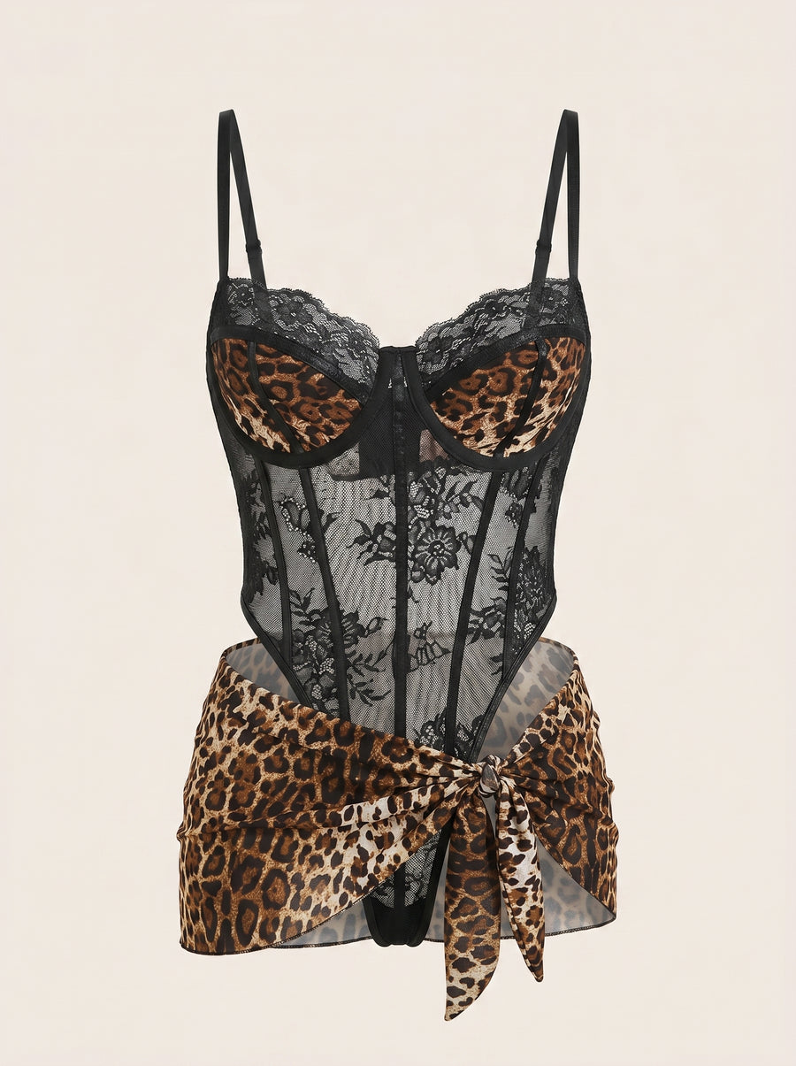 Leopard Print Lace Bodysuit with Underwire Support-Bodysuit-Bellascena-bellascena