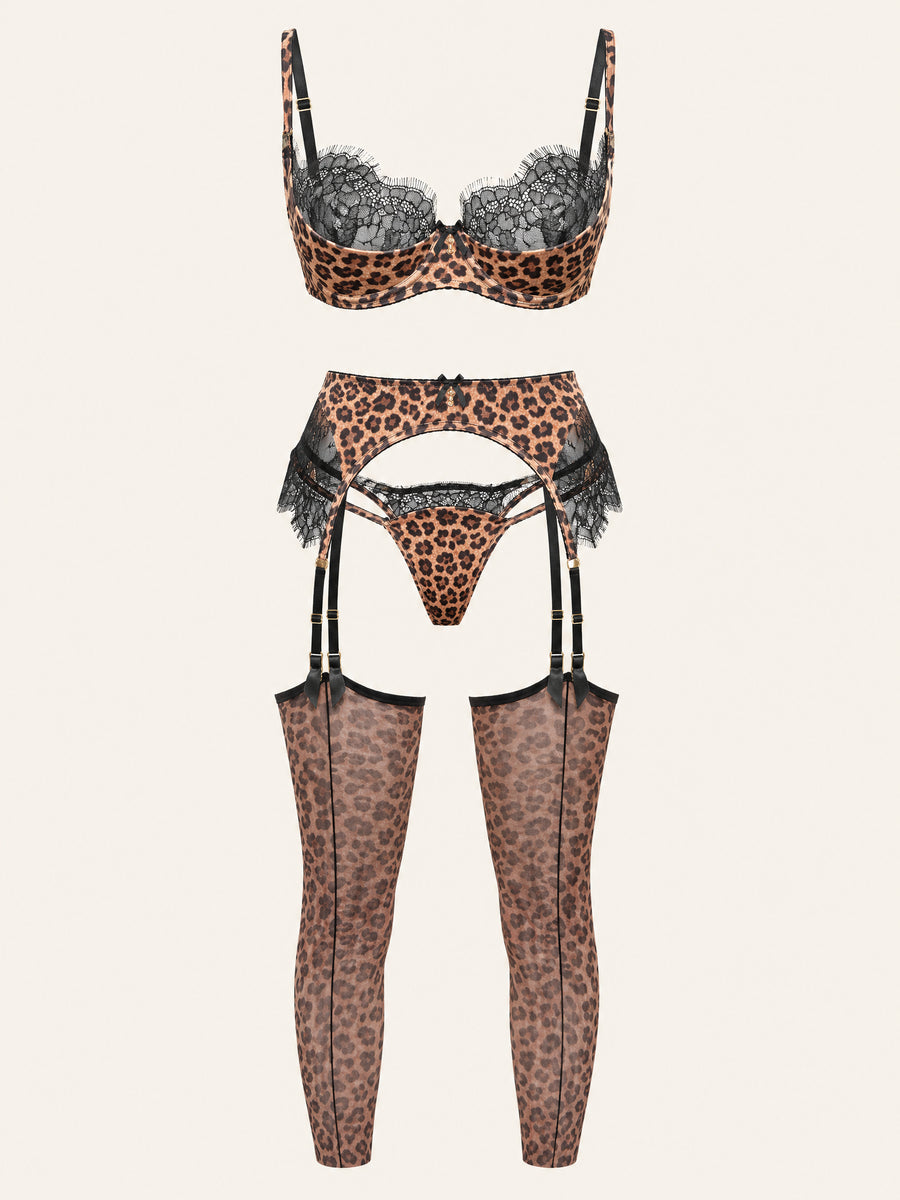 Leopard Print Lace Lingerie Set with Strappy Sheer Details-Lingerie Set-Bellascena-Leopard-S-bellascena