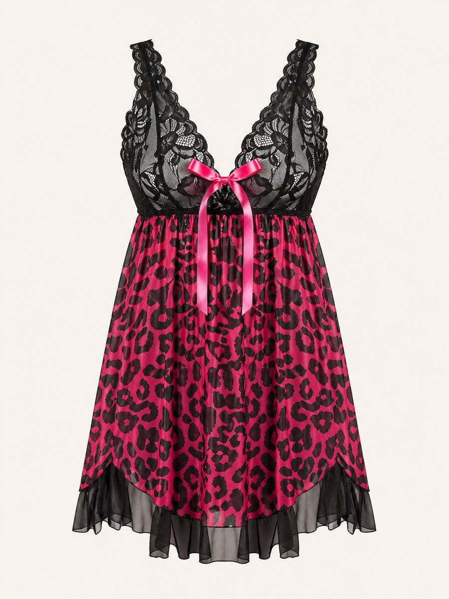 Leopard Print Mesh Babydoll with Lace Cups and Ruffle Hem-Nightgown-Bellascena-bellascena