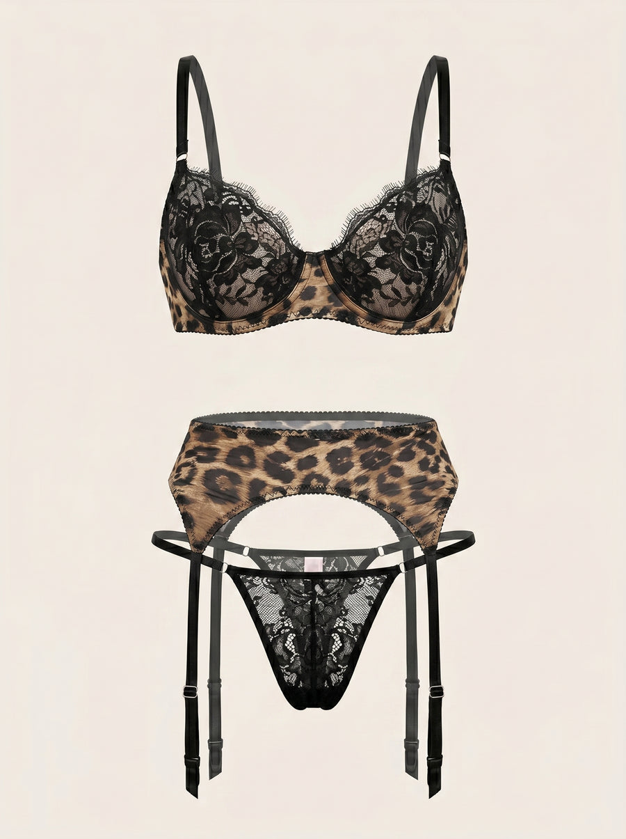 Leopard Print Mesh Lingerie Set with Lace Overlay-Lingerie Set-Bellascena-bellascena