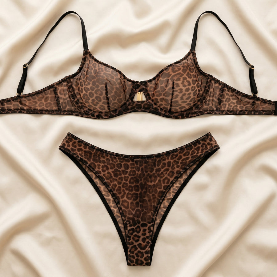 Leopard Print Mesh Lingerie Set with Strappy Design-Lingerie Set-Bellascena-bellascena