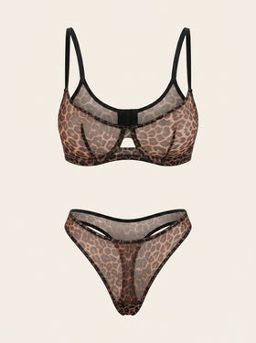 Leopard Print Mesh Lingerie Set with Strappy Design-Lingerie Set-Bellascena-bellascena