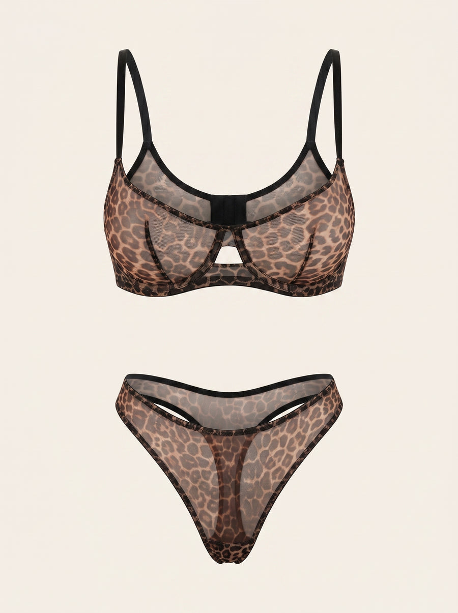 Leopard Print Mesh Lingerie Set with Strappy Design-Lingerie Set-Bellascena-bellascena