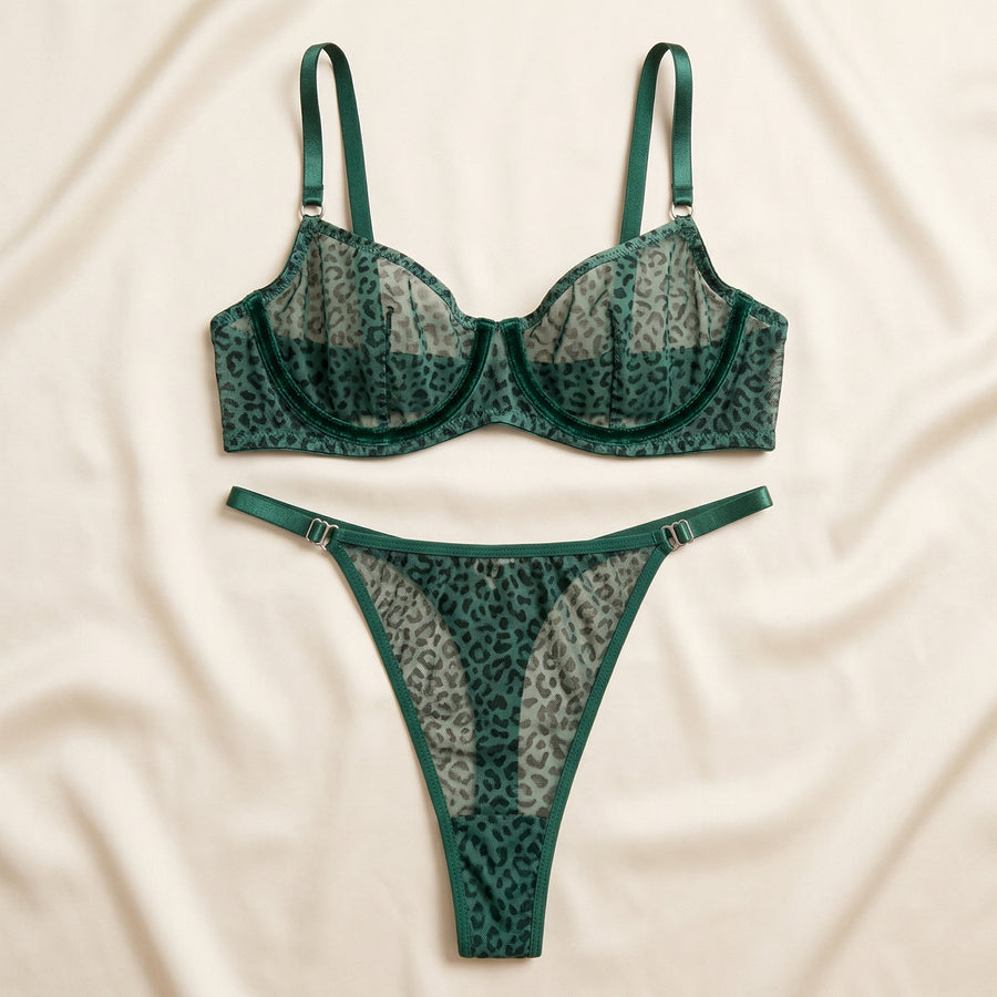 Leopard Print Mesh Lingerie Set with Strappy Details-Lingerie Set-Bellascena-bellascena