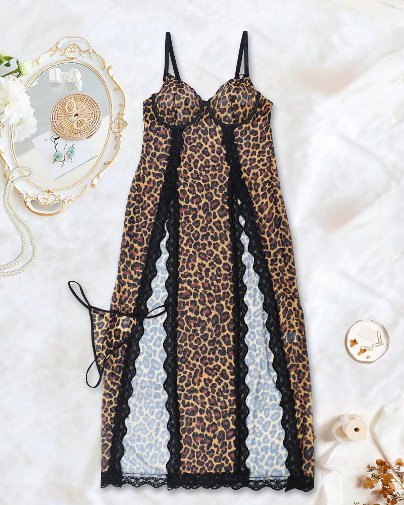 Leopard Print Mesh Nightgown with Lace Trim-Nightgown-Bellascena-bellascena