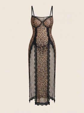 Leopard Print Mesh Nightgown with Lace Trim-Nightgown-Bellascena-bellascena