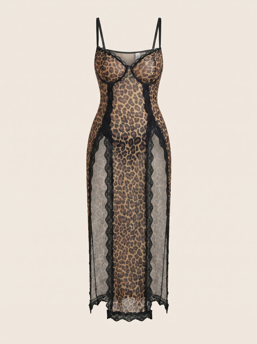 Leopard Print Mesh Nightgown with Lace Trim-Nightgown-Bellascena-bellascena