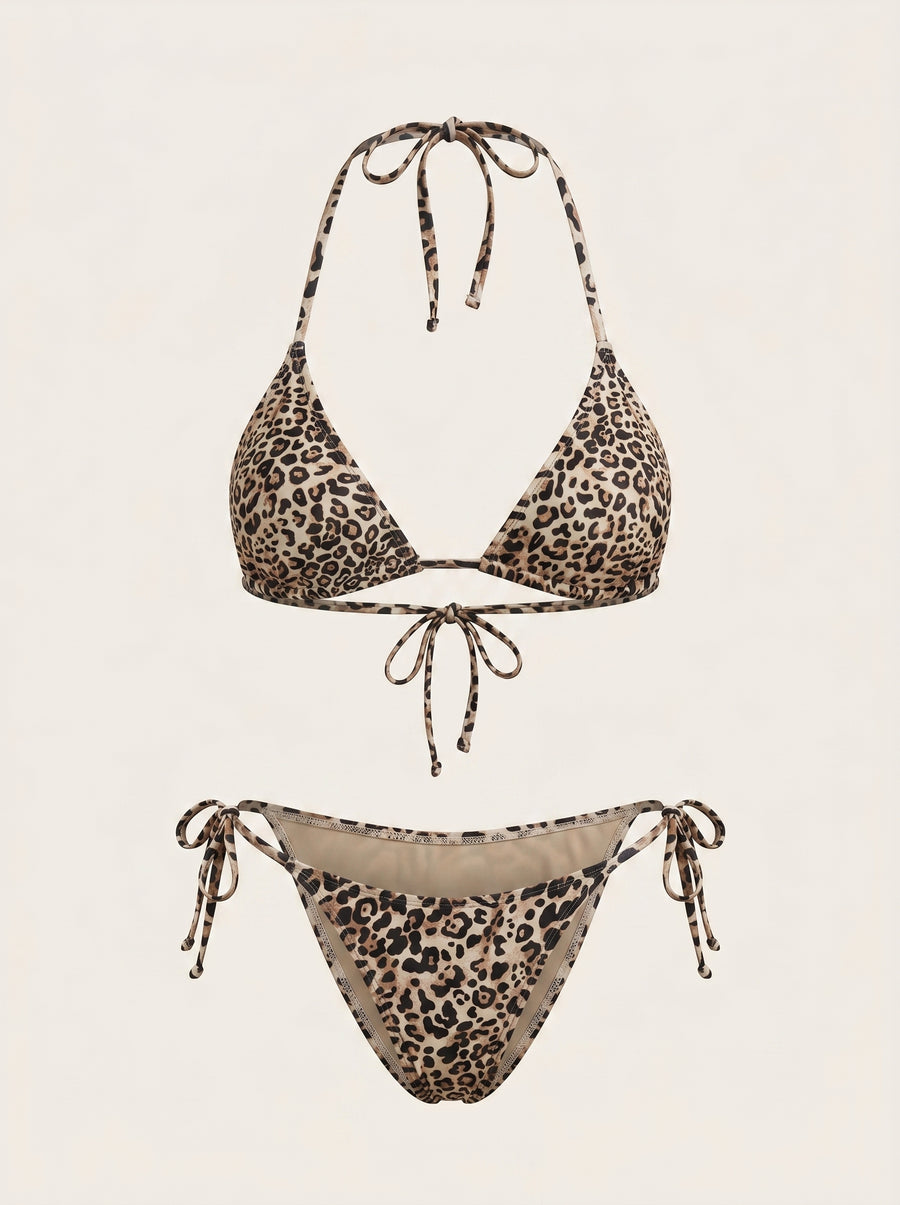 Leopard Print Nylon Swimwear Set with Tie Closure-One-Piece Swimsuit-Bellascena-Leopard-XS-bellascena