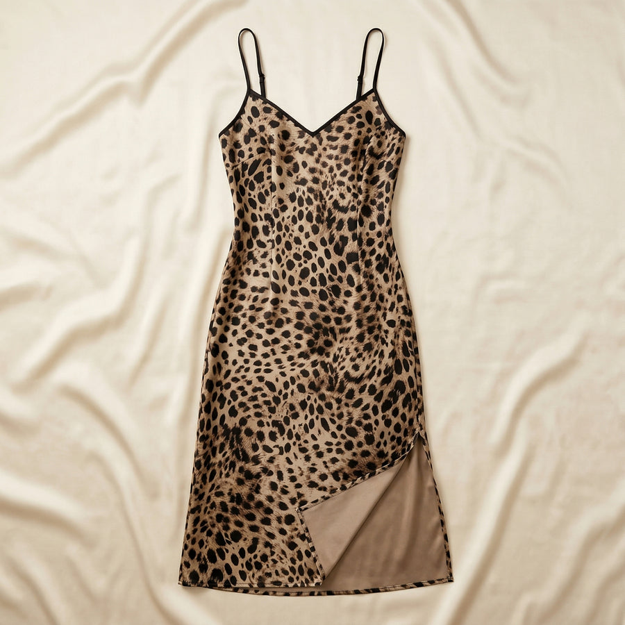 Leopard Print Satin Nightgown with Adjustable Straps-Nightgown-Bellascena-bellascena
