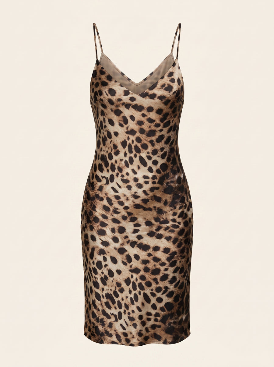 Leopard Print Satin Nightgown with Adjustable Straps-Nightgown-Bellascena-bellascena