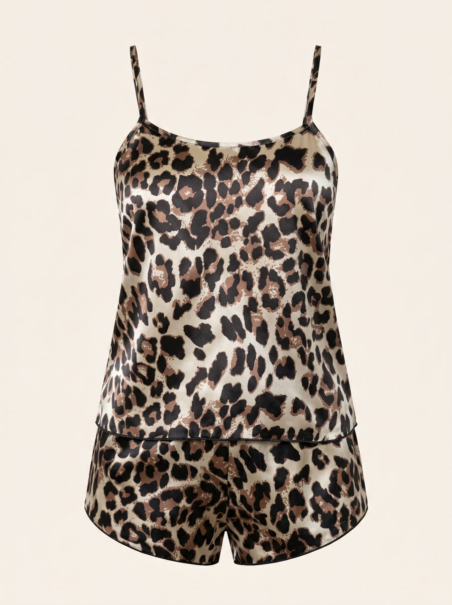 Leopard Print Satin Pajama Set with Adjustable Straps-Pajama Set-Bellascena-bellascena