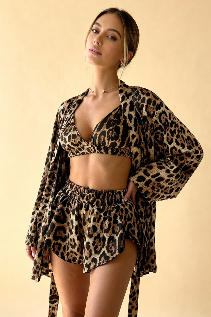 Leopard Print Satin Pajama Set with Tie Closure-Pajama Set-Bellascena-bellascena