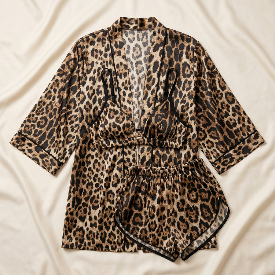 Leopard Print Satin Pajama Set with Tie Closure-Pajama Set-Bellascena-bellascena