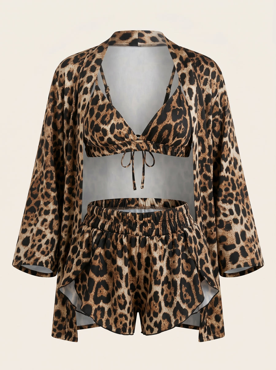 Leopard Print Satin Pajama Set with Tie Closure-Pajama Set-Bellascena-bellascena
