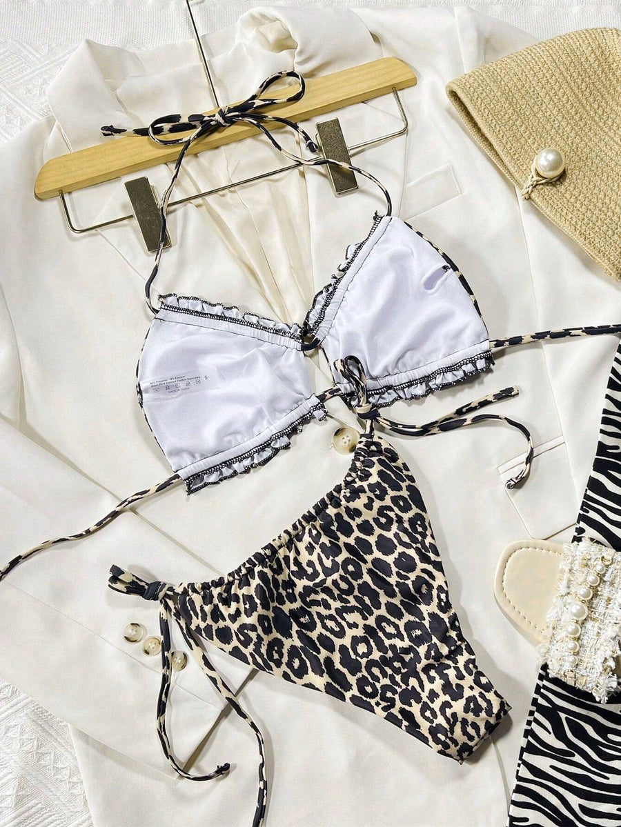 Leopard Print Satin Swimwear Set with Ruffle Detail-One-Piece Swimsuit-Bellascena-bellascena