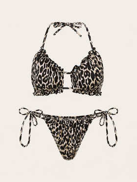 Leopard Print Satin Swimwear Set with Ruffle Detail-One-Piece Swimsuit-Bellascena-bellascena