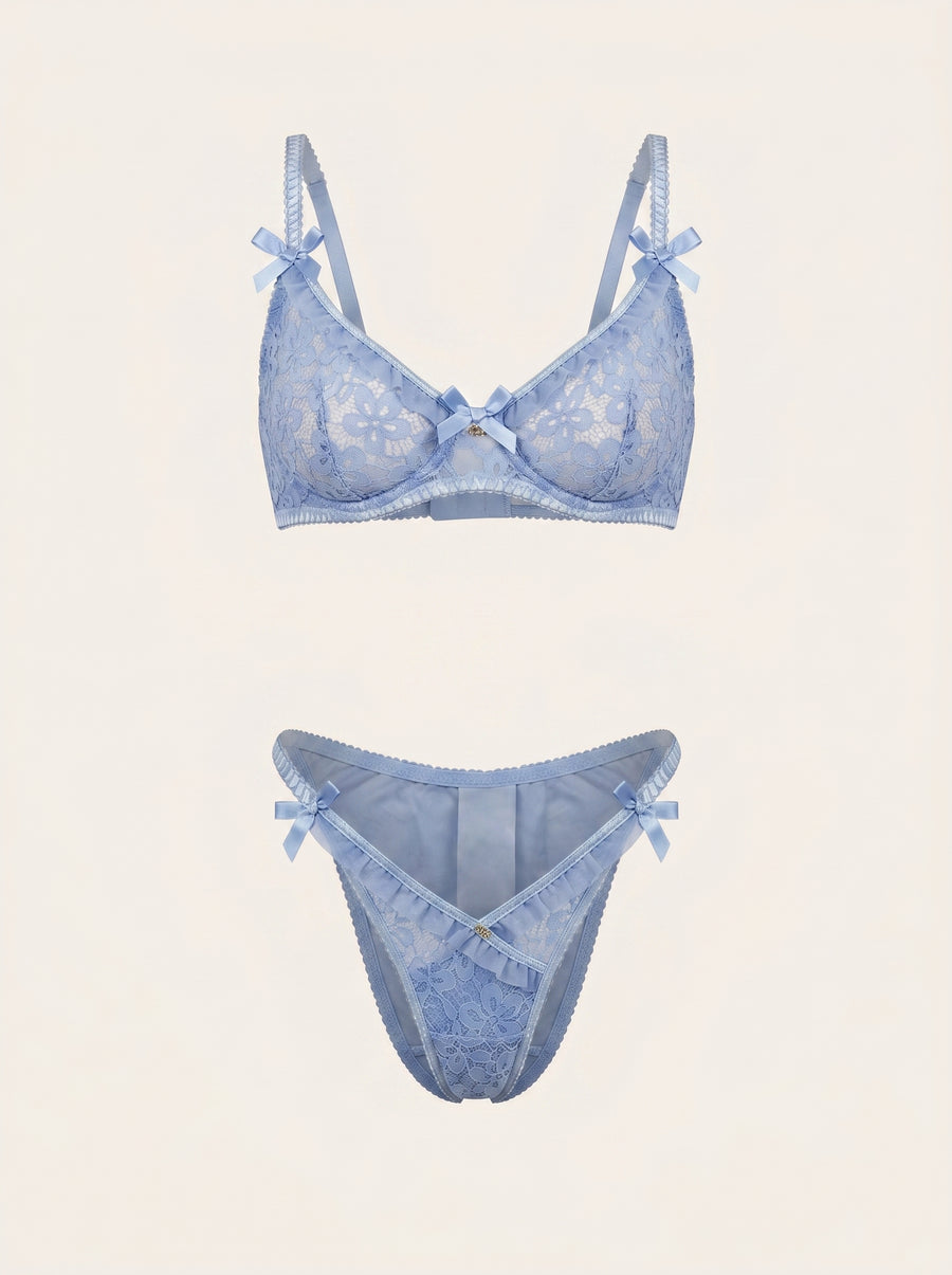 Light Blue Lace Lingerie Set with Strappy Detail-Lingerie Set-Bellascena-S-S-Blue-bellascena