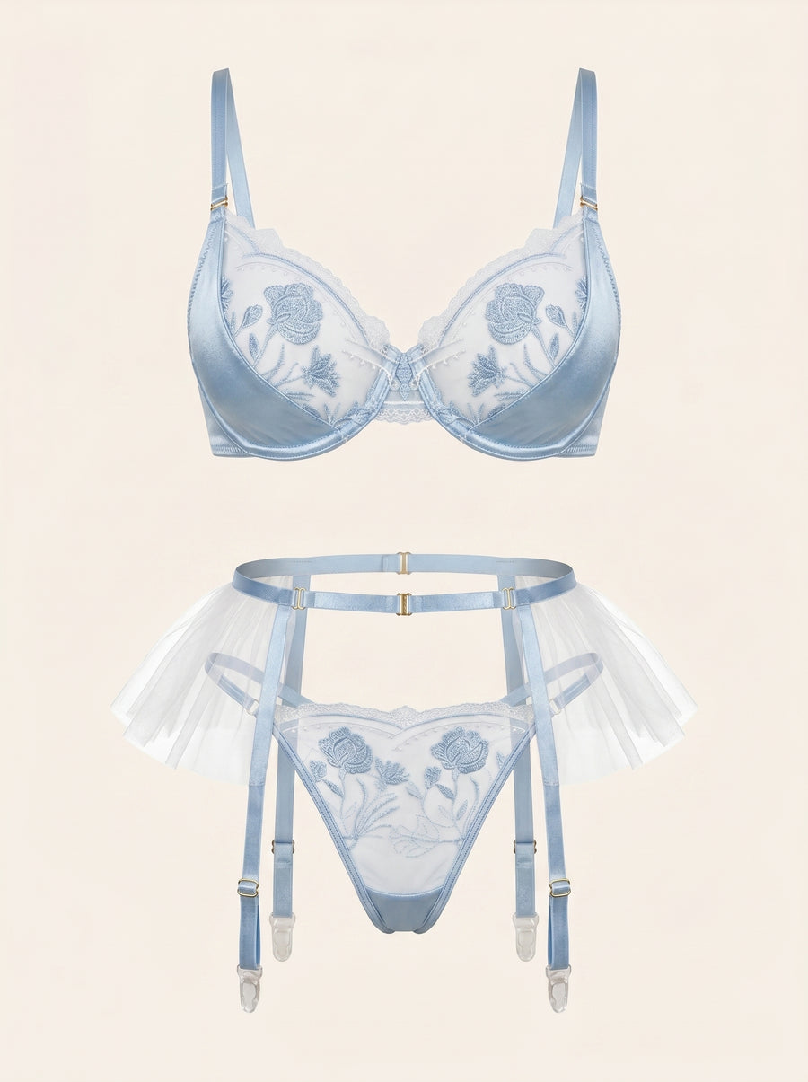 Light Blue Satin Lingerie Set with Floral Embroidery-Lingerie Set-Bellascena-S-S-Blue-bellascena