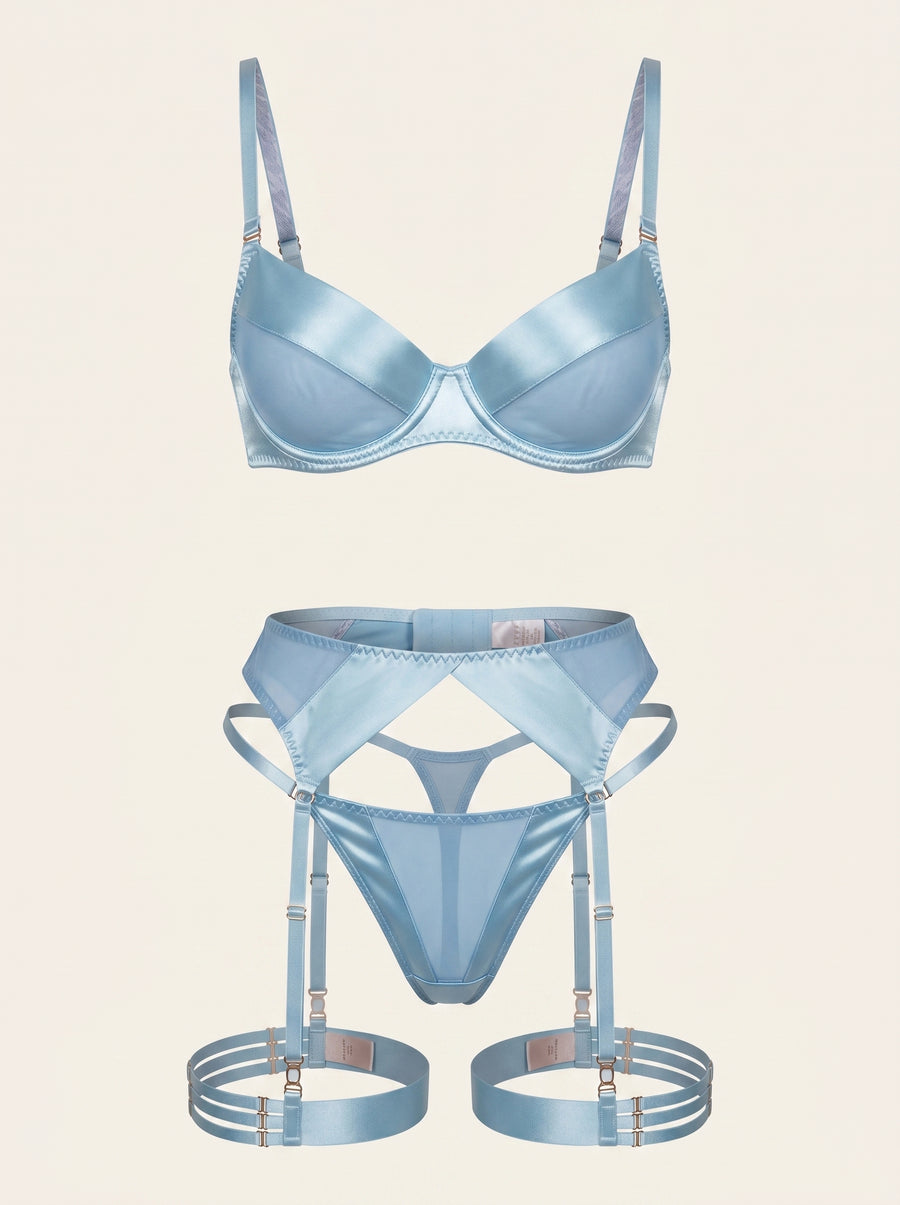 Light Blue Satin Lingerie Set with Strappy Details-Lingerie Set-Bellascena-S-S-Blue-bellascena