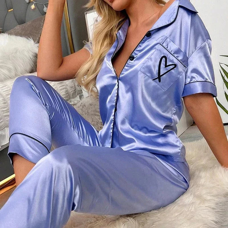 Light Blue Satin Pajama Set with Short Sleeves & Button-Up-Pajama Set-Bellascena-bellascena
