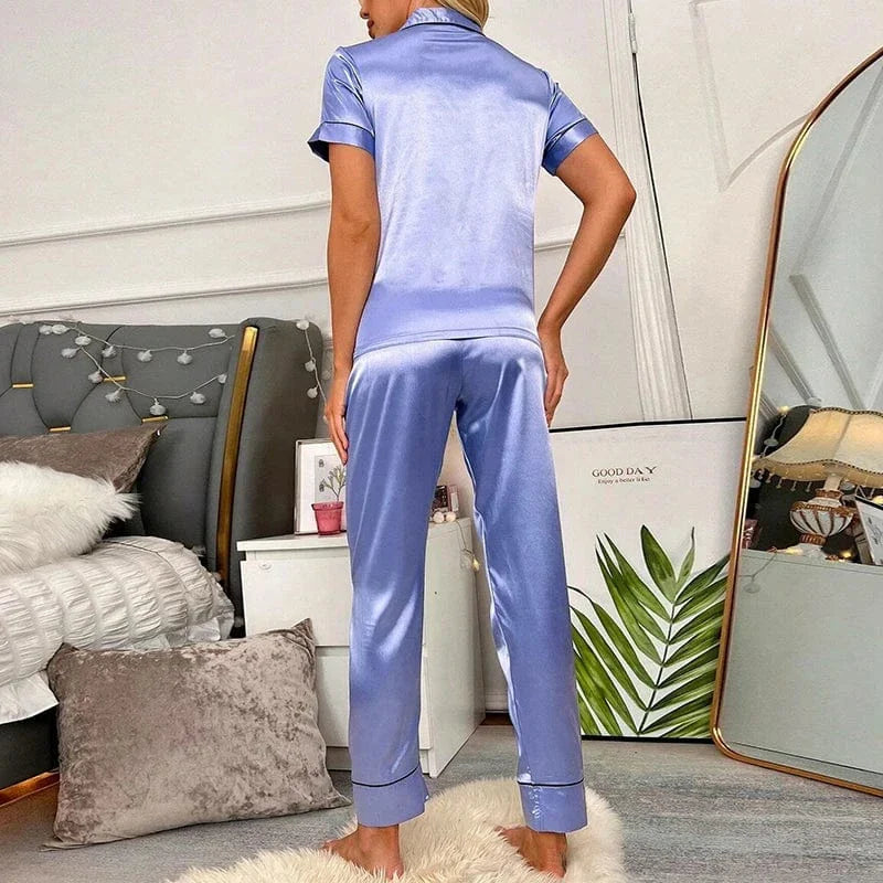 Light Blue Satin Pajama Set with Short Sleeves & Button-Up-Pajama Set-Bellascena-bellascena