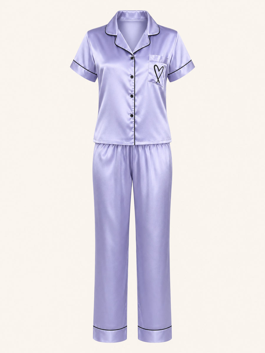 Light Blue Satin Pajama Set with Short Sleeves & Button-Up-Pajama Set-Bellascena-Blue-S-bellascena