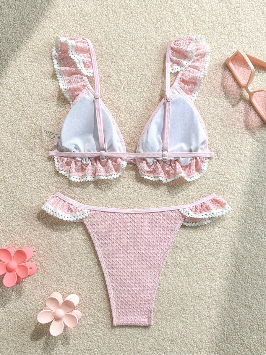 Light Pink Lace Bodysuit with Strappy Ruffle Detail-Bodysuit-Bellascena-bellascena