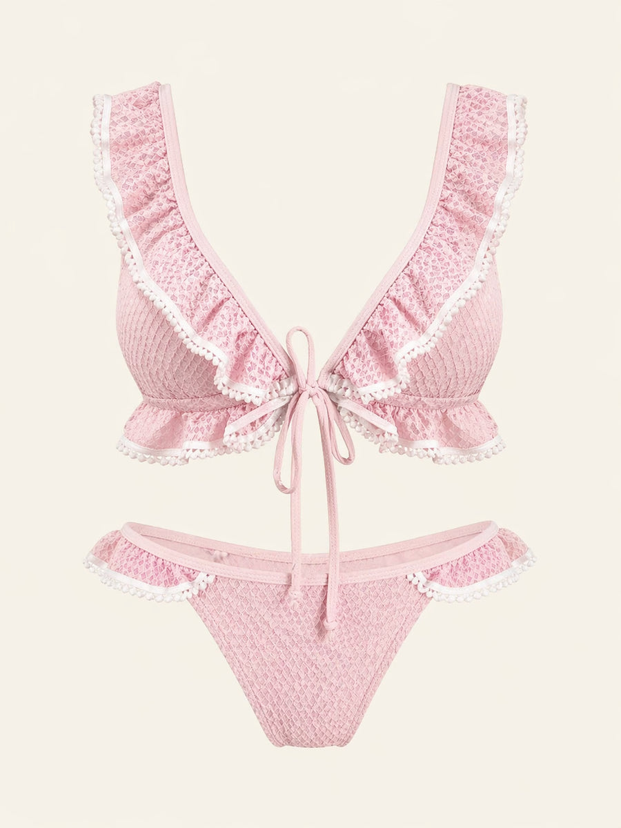 Light Pink Lace Bodysuit with Strappy Ruffle Detail-Bodysuit-Bellascena-Pink-S-bellascena
