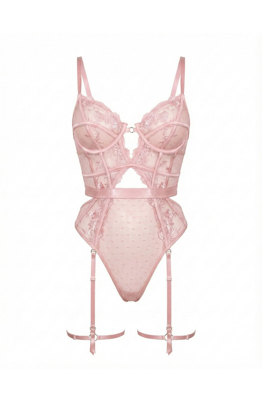 Light Pink Mesh Bodysuit with Lace Embroidery-Bodysuit-Bellascena-bellascena