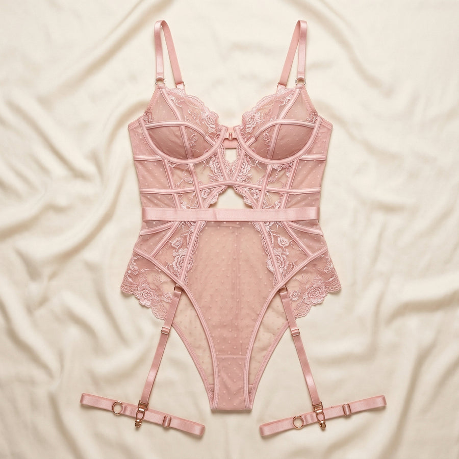 Light Pink Mesh Bodysuit with Lace Embroidery-Bodysuit-Bellascena-bellascena