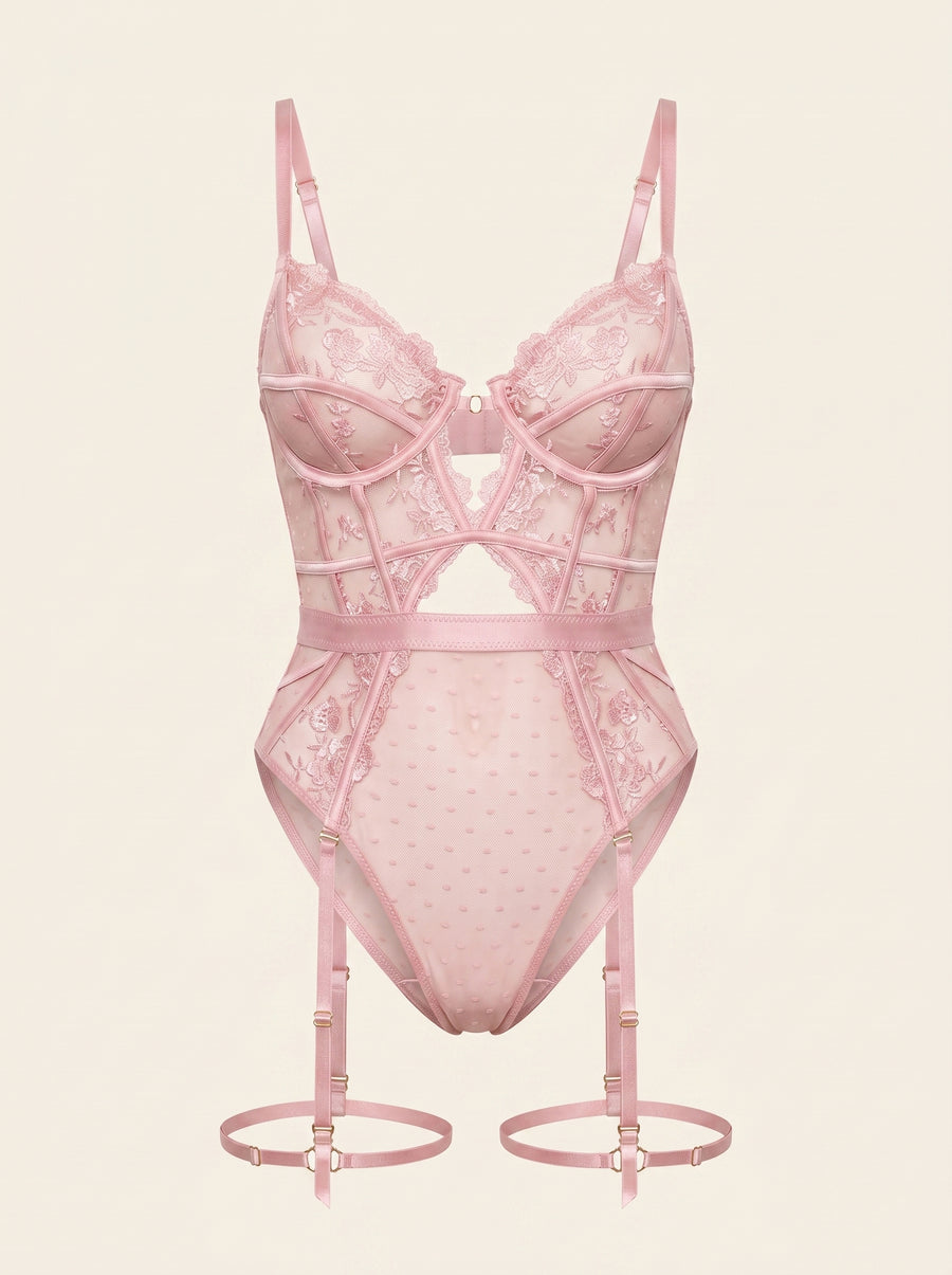 Light Pink Mesh Bodysuit with Lace Embroidery-Bodysuit-Bellascena-XS-Pink-bellascena