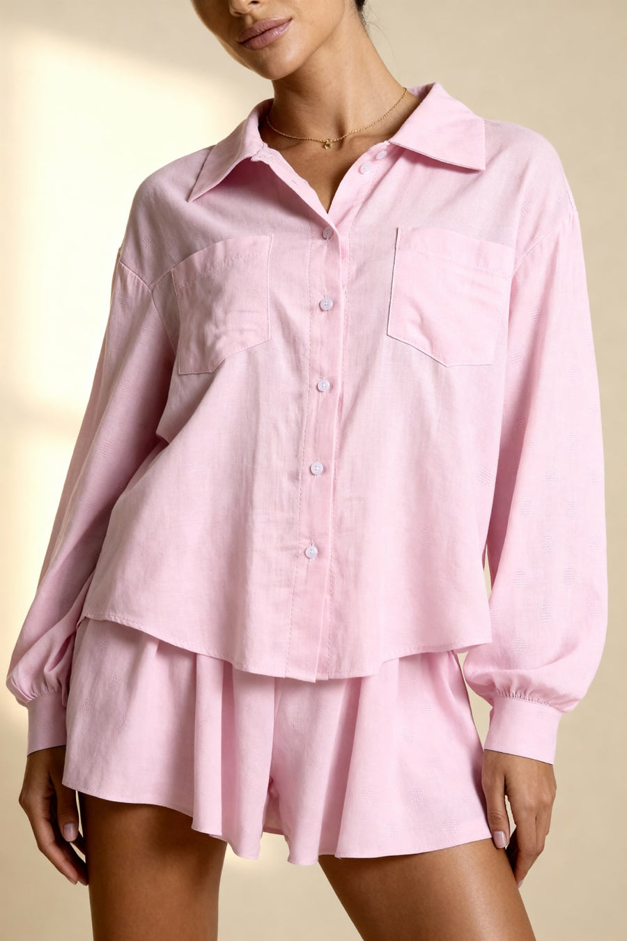 Light Pink Satin Pajama Set with Button-Up Elegance-Pajama Set-Bellascena-bellascena