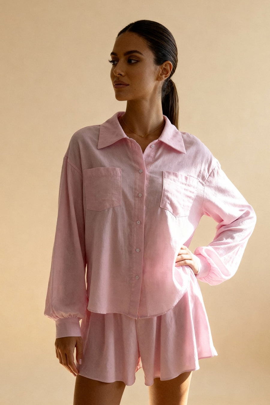 Light Pink Satin Pajama Set with Button-Up Elegance-Pajama Set-Bellascena-bellascena