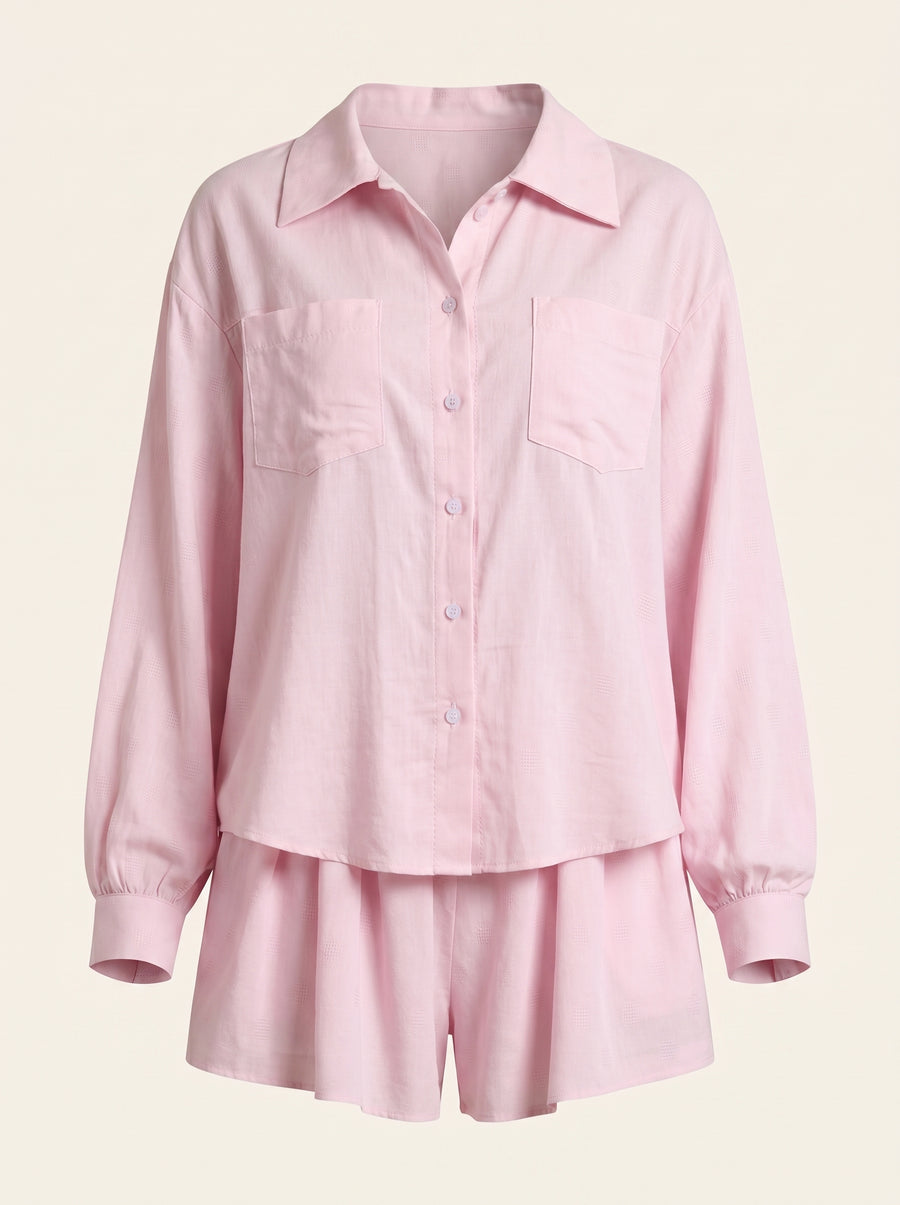 Light Pink Satin Pajama Set with Button-Up Elegance-Pajama Set-Bellascena-S-Pink-bellascena