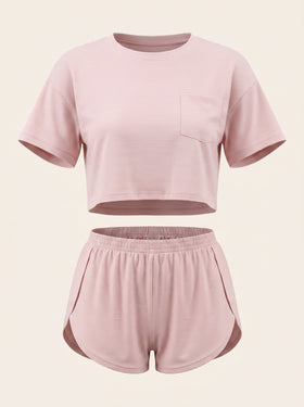 Light Pink Striped Cotton Crop Top & Shorts Set with Pockets-Pajama Set-Bellascena-Pink-S-bellascena