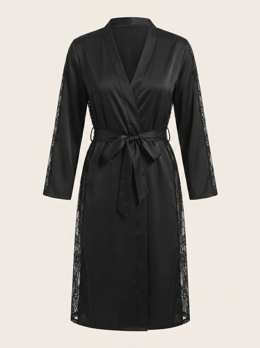 Long Sleeve Black Satin Kimono Robe with Lace Trim-Kimono Robe-Bellascena-Black-M-bellascena